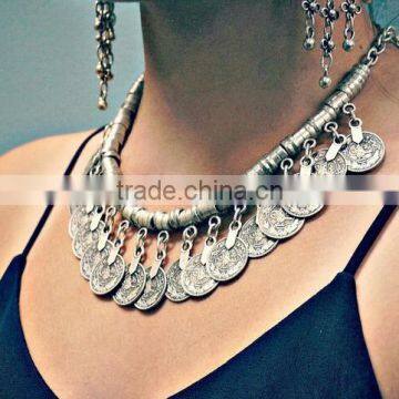 Chunky Punk Tribal Retro Antique Silver Coins Plated Alloy Bib Choker Necklace