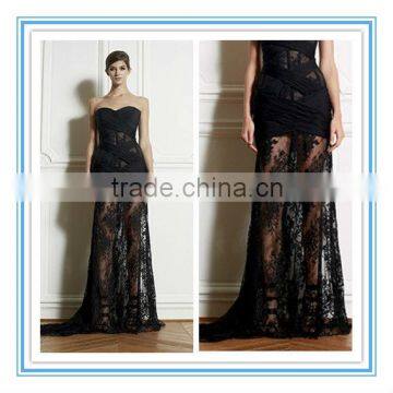 Fashion Black Sexy Lace Evening Dress Hot Strapless Sheath See Through Cocktail Dress Evening (EVZU-1007)