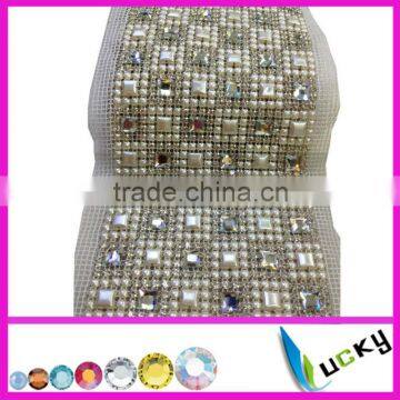 24 rows rhinestone trimming with pearl lrhinestone mesh