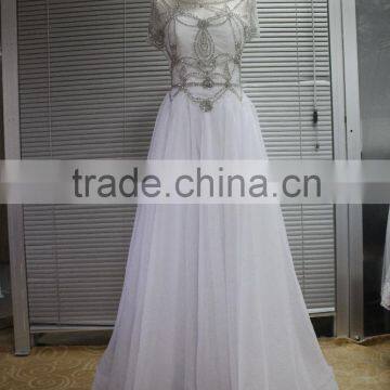 AR-8 Wholesale White Elegant Long Crystal O-Neck Backless Bow Tulle Boho Beach Bride Dress 2016