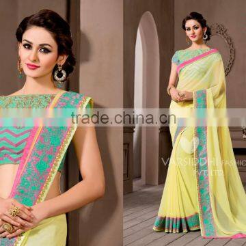 Glided Light Yellow Georgette Saree/Traditional Indian Sarees