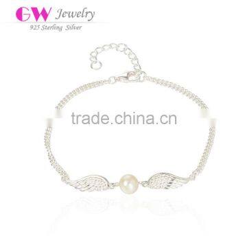 925 Silver Angel Wing Fresh Water Pearl Custom Charm Chain Bracelet