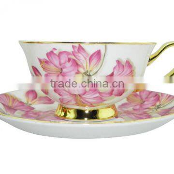 2014 Hot Wholesale 200ml Bone China European Style Flower Pattern Coffee Cup with Saucer Set for Promotion Gift