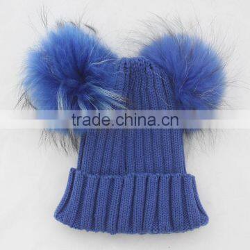 Myfur Royal Blue Double Raccoon Fur Pom Poms Attached Wool Knitting Beanie Hat