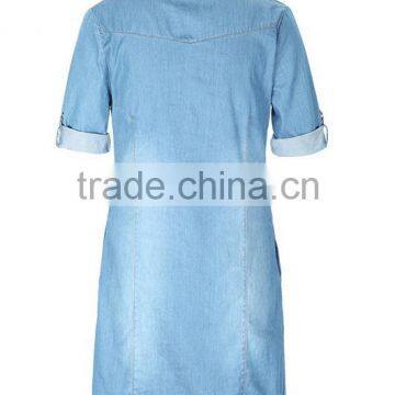 EY1932B Hot Selling Classical Shirt Dress Apparel Fashion Rolled Sleeves Denim Dress photo-3