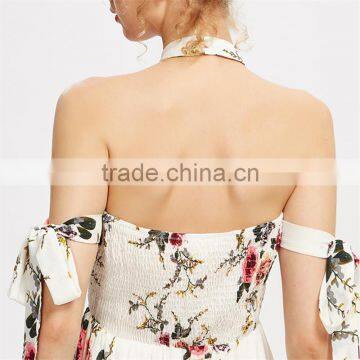 Polyester White Ladies Jumpsuit, Floral Print Contrast Lace Playsuit photo-6