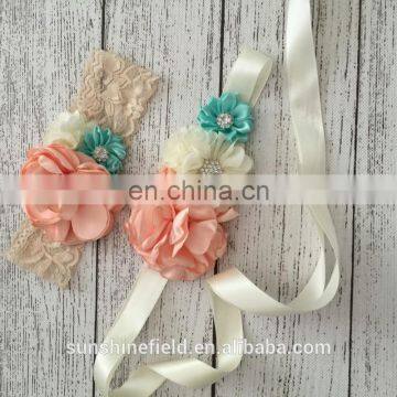 Nude Mint Sash Matching Baby Headband Vintage Inspired Flower Sash Queenbaby Headband Luxe Sash