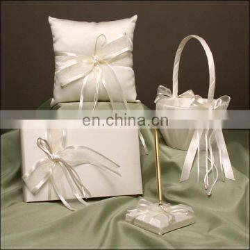 White Ribbon bow-knot decoration wedding guest book /pen holder/ring pillow/flower basket set