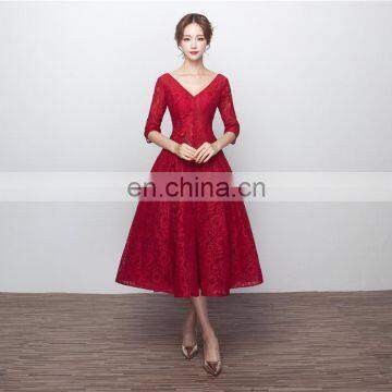 Custom Made V Neck Red 1/2 Sleeve Lace-up A Line Tea-length Lace Evening Dress