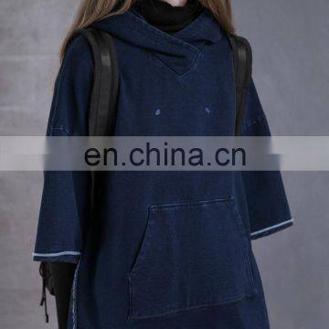 2017 Winter Women Loose Casual Drop Shoulder Indigo Blue Pullover Hoodie With Front Pocket photo-3