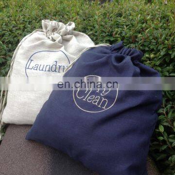 Set of 2 natural and dark navy linen laundry drawstring bag