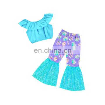 plain blue sleeveless crop Top and Easter egg pattern glaring sequin bell bottom 2pcs beautiful Baby Girl suit