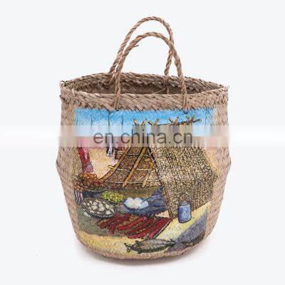 Hand Painted Seagrass Belly Basket Eco Friendly Straw Plant Holder Storage Basket Decor Vietnam Manufacturer