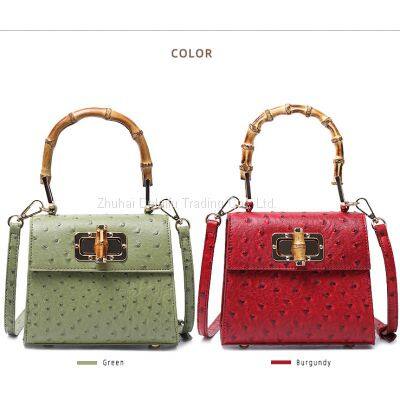 Hot-selling Ostrich Print Manual Small Package Ladies Trapezoid Bamboo-handle Handbag photo-3