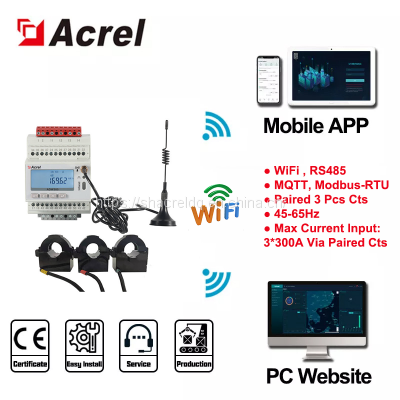 Free Platform 3 Phase 1(5)A Input Smart Din Rail 45~65Hz Wifi Wireless Electricity Energy Meter RS485 with Modbus-RTU Protocol