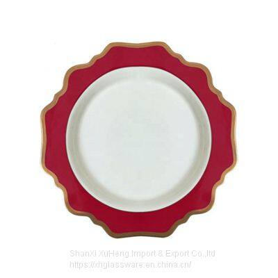 Factory Customized Red Gold Ceramic Dinnerware Plate Set With Sun Flower Design photo-4