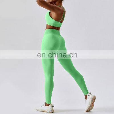 2 Pcs Seamless Cross Backless Sports Bras Sets Custom Logo High Waist Yoga Leggings photo-5