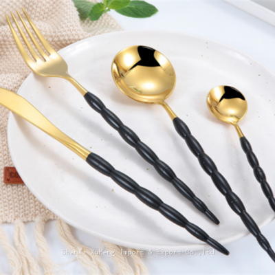 High Quality Black and Gold Brushed Golden Colored Matte Plated Wedding 304 Stainless Steel Cutlery Flatware Set for Hotels