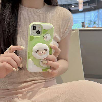 Soft Silicone Phone Case For IPhone 15 Pro Max 12 13 14 Decompression Green Small Sheep Expansion Bracket Protective Shell photo-4