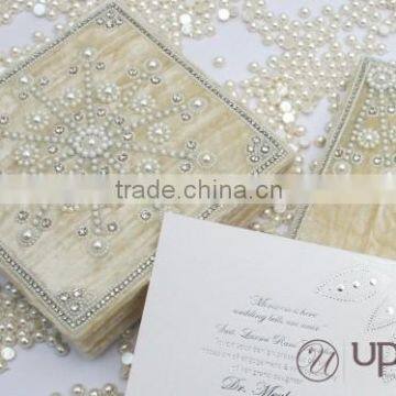 Velvet Wedding Invitation Box Ivory Pearls Hand Embroidery photo-2