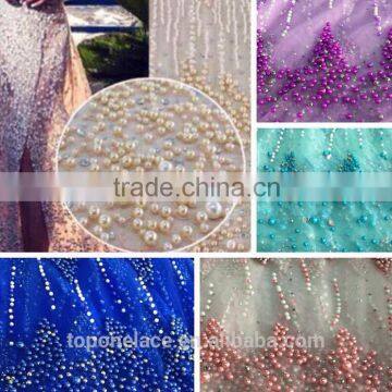 MOQ 5 yard wholesale hot sale beaded lace making machine/ beaded lace fabric/beaded tulle fabric