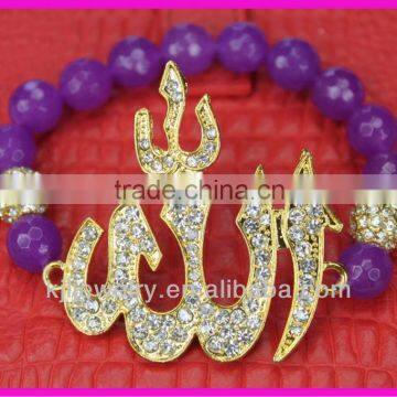 BR0856 friendship purple beads,Gold Allah charm bracelet, Crystal rhinestone Allah connector bracelets