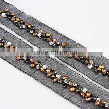 Black Polyester Rhinestone Beaded Lace Trimming for Garment Decoration S10760