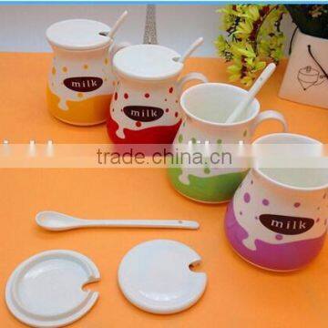 summer new simple lovely cartoon ceramic milk mug with porcelain spoon and lid