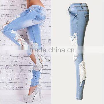 2016 Summer Fashion Women Sexy See Through Jean Pants Ladies Fancy Lace Patchwork Vogue Narrow Bottom New Model Jeans For Lady photo-3