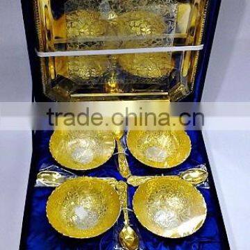 Brass Dry Fruit Bowl Set GoldPlated in Velvet Box for Corporate Gifts