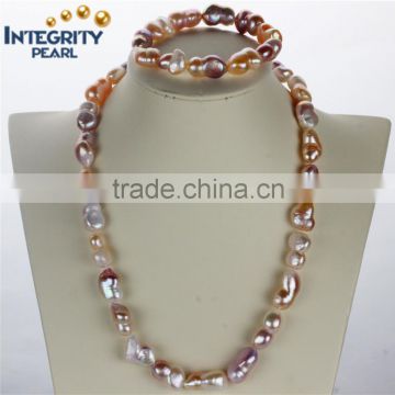 12mm AAA big size latest natural gourd color pearl set designs, irregular pearl set