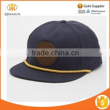 Gold string 5 panel baseball cap, 5 panel hat snapback cap,leather patch snapback hat