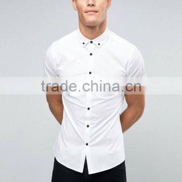 Custom Short Sleeve Summer Button Down Collar Mens 97% Cotton 3% Elastane Skinny Body Casual White Dress Shirts