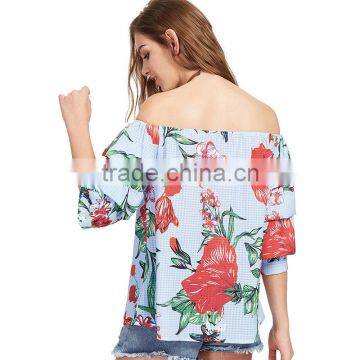 MAXNEGIO Ladies Crop Top Chest Floral Printing off Shoulder Blouse for Women photo-2