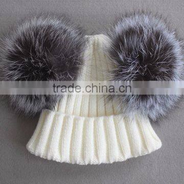 Myfur Adults Winter Wool Knit Hat with Natural Silver Fox Fur Pom Poms