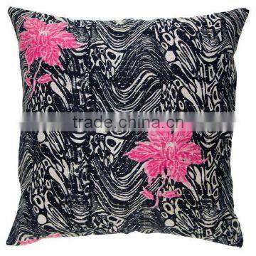 Kantha Cushion Cover - Pink Flowers on Black Patterned Background photo-2