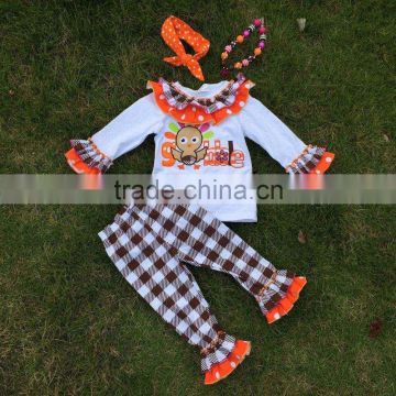 newest kids Fall clothes girls thanksgiving outfit girls thanksgiving pant sets kids long sleeve sets with necklace and headband