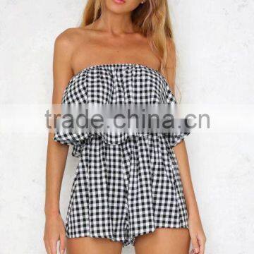 2017 Off Shoulder Ruffles Jumpsuit Romper Summer Beach Plaid Check Playsuit APPAREL photo-2
