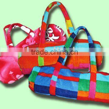 Cotton cloth and printed plastic beach towel bag / beach tote bag
