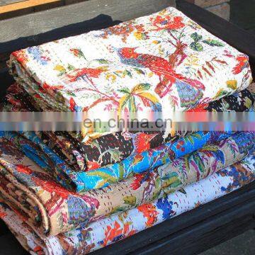 Bird Of Paradise Kantha Quilt Cotton Kantha Bird Print Bedcover Set Of 5 Pcs Bedspread