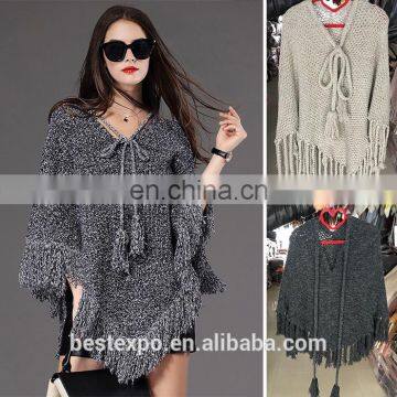 wholesale latest design women crochet fringe knit sweater with hat fashion poncho