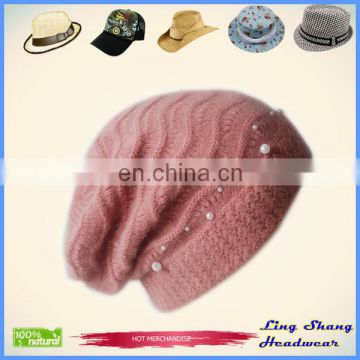 Imitation Pearl Decoration Dobby Angora Beanie Hat