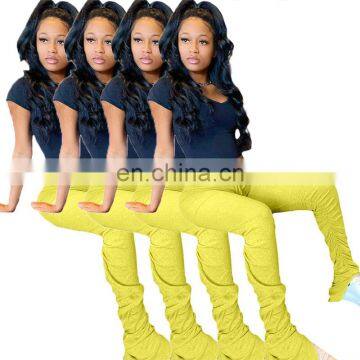 2020 Elastic Summer Stacked Leggings High Waist Sweatpants Women Joggers Bell Bottom Trouser Split Hem Flare Ruched Pant photo-4