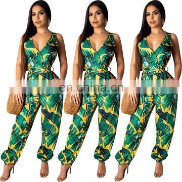 Ladies green leaf and  floria printing jumpsuit for summer 2020