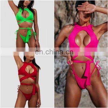 Neon green High neck Micro string Thong bikini 2019 women cross Bandeau swimwear female sexy Hollow out swimsuit bathing suit