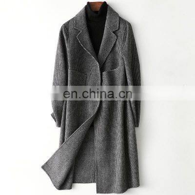 Women Double Face Houndstooth Winter Long Wool Coat