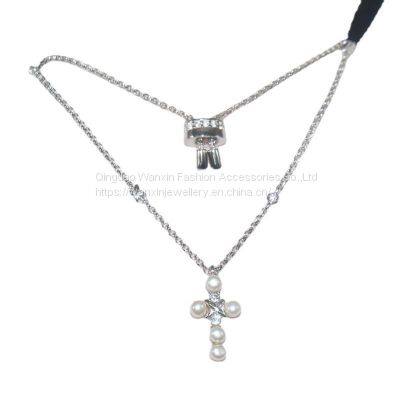 S925 Sterling Silver Necklace Diamond Pearl Cross Clavicle Chain