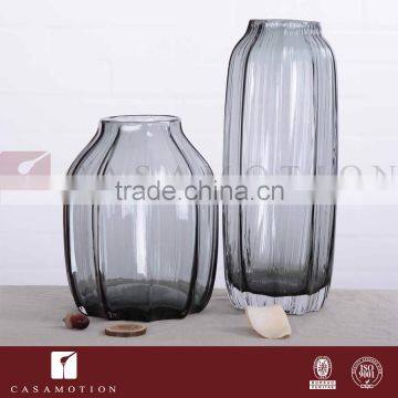 Casamotion Ribbed Modern Tall Cylinder Grey Color Handmade Glass Vase