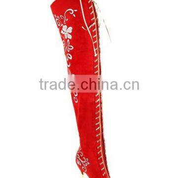 Sexy catwalk embroidery red women over the knee boot lace up thigh high point toe botas