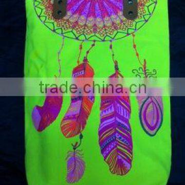 Hmong Indian tote neon green canvas bag feather pattern